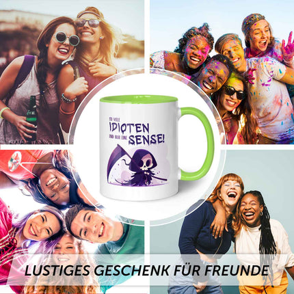 SEO. Bedruckte Tasse mit Spruch in lila - So viele Idioten und nur eine Sense - Hellgrün Linkreich