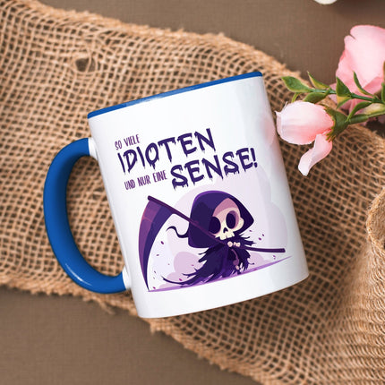 SEO. Bedruckte Tasse mit Spruch in lila - So viele Idioten und nur eine Sense - Blau Linkreich
