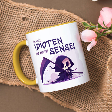 SEO. Bedruckte Tasse mit Spruch in lila - So viele Idioten und nur eine Sense - Gelb Linkreich
