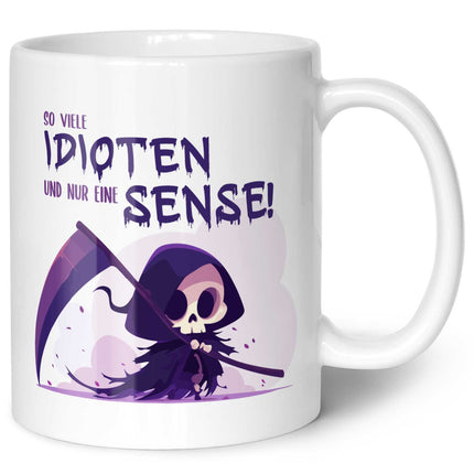 SEO. Bedruckte Tasse mit Spruch in lila - So viele Idioten und nur eine Sense - Weiß Linkreich