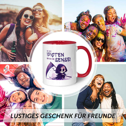 SEO. Bedruckte Tasse mit Spruch in lila - So viele Idioten und nur eine Sense - Rot Linkreich