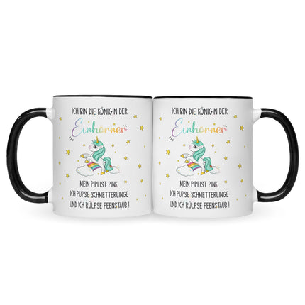 SEO. Bedruckte Tasse mit Spruch Königin der Einhörner - Schwarz & Weiß Linkreich