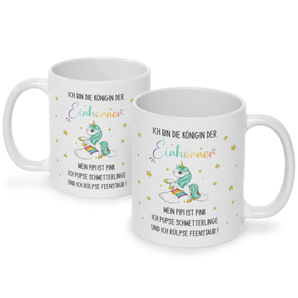 SEO. Bedruckte Tasse mit Spruch Königin der Einhörner - Schwarz & Weiß Linkreich
