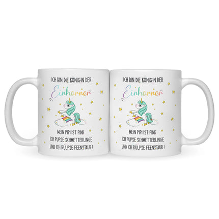 SEO. Bedruckte Tasse mit Spruch Königin der Einhörner - Schwarz & Weiß Linkreich