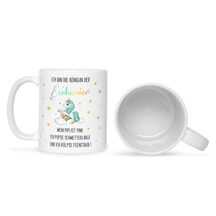 SEO. Bedruckte Tasse mit Spruch Königin der Einhörner - Schwarz & Weiß Linkreich