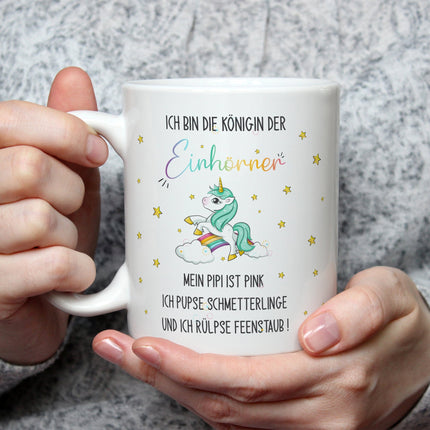 SEO. Bedruckte Tasse mit Spruch Königin der Einhörner - Schwarz & Weiß Linkreich