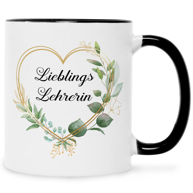 SEO. Bedruckte Tasse mit Spruch Lieblingslehrer/Lieblingslehrerin - Lehrerin - Schwarz Weiß Linkreich