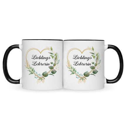 SEO. Bedruckte Tasse mit Spruch Lieblingslehrer/Lieblingslehrerin - Lehrerin - Schwarz Weiß Linkreich