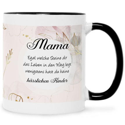 SEO. Bedruckte Tasse mit Spruch Mama wenigstens hast du keine hässlichen Kinder - Schwarz & Weiß Linkreich