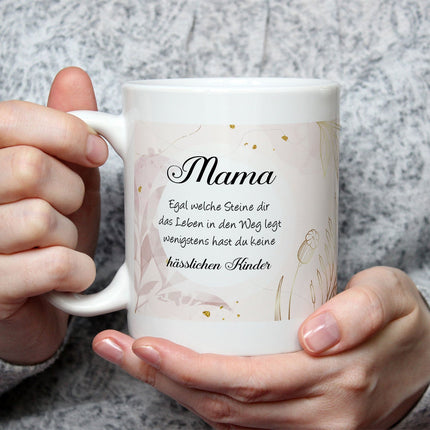 SEO. Bedruckte Tasse mit Spruch Mama wenigstens hast du keine hässlichen Kinder - Weiß Linkreich