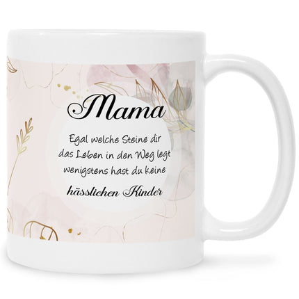SEO. Bedruckte Tasse mit Spruch Mama wenigstens hast du keine hässlichen Kinder - Weiß Linkreich