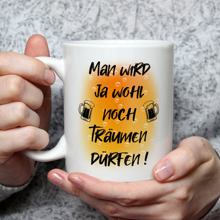 SEO. Bedruckte Tasse mit Spruch Man wird ja wohl noch träumen dürfen - Weiß Linkreich
