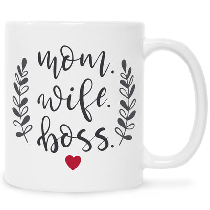 SEO. Bedruckte Tasse mit Spruch Mom Wife Boss - Schwarz & Weiß Linkreich