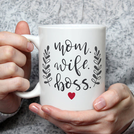 SEO. Bedruckte Tasse mit Spruch Mom Wife Boss - Weiß Linkreich