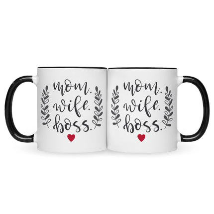 SEO. Bedruckte Tasse mit Spruch Mom Wife Boss - Schwarz & Weiß Linkreich