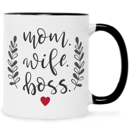 SEO. Bedruckte Tasse mit Spruch Mom Wife Boss - Schwarz & Weiß Linkreich
