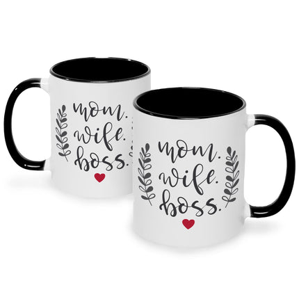 SEO. Bedruckte Tasse mit Spruch Mom Wife Boss - Schwarz & Weiß Linkreich