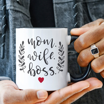 SEO. Bedruckte Tasse mit Spruch Mom Wife Boss - Weiß Linkreich