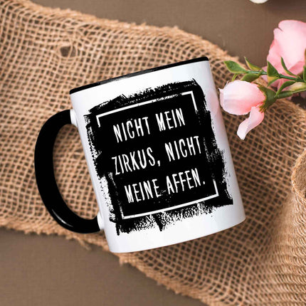 SEO. Bedruckte Tasse mit Spruch - "Nicht mein Zirkus, nicht meine Affen" - Schwarz & Weiß Linkreich