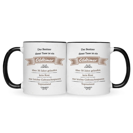 SEO. Bedruckte Tasse mit Spruch Oldtimer Geburtstag - Schwarz & Weiß Linkreich
