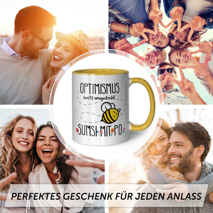 SEO. Bedruckte Tasse mit Spruch - Optimismus heißt umgedreht Sumsi mit Po - Gelb Linkreich