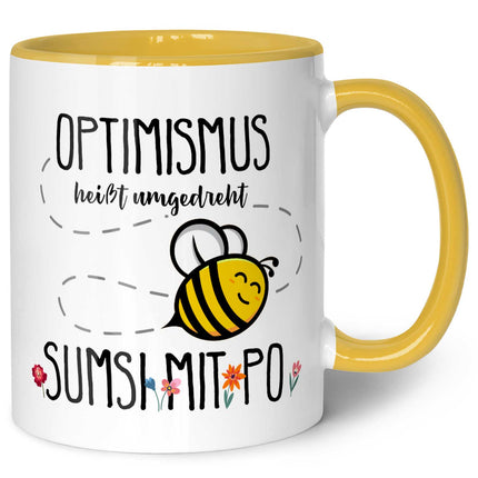 SEO. Bedruckte Tasse mit Spruch - Optimismus heißt umgedreht Sumsi mit Po - Gelb Linkreich