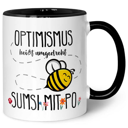 SEO. Bedruckte Tasse mit Spruch - Optimismus heißt umgedreht Sumsi mit Po - Schwarz & Weiß Linkreich