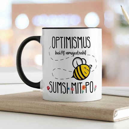 SEO. Bedruckte Tasse mit Spruch - Optimismus heißt umgedreht Sumsi mit Po - Weiß Linkreich