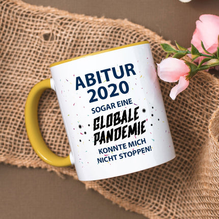 SEO. Bedruckte Tasse mit Spruch Pandemie Abitur - Gelb Linkreich