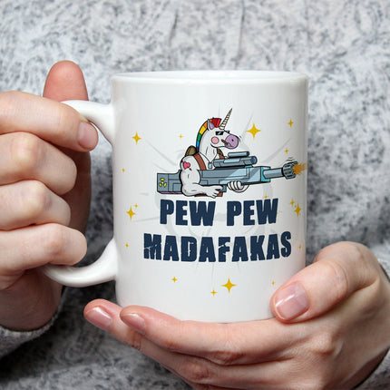 SEO. Bedruckte Tasse mit Spruch Pew Pew Madafakas - Weiß Linkreich