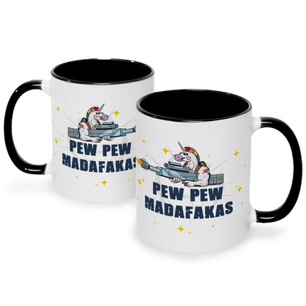 SEO. Bedruckte Tasse mit Spruch Pew Pew Madafakas - Schwarz & Weiß Linkreich