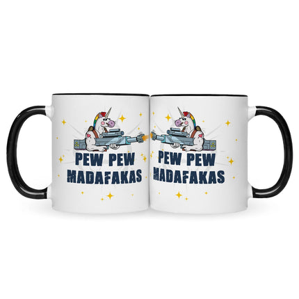 SEO. Bedruckte Tasse mit Spruch Pew Pew Madafakas - Schwarz & Weiß Linkreich
