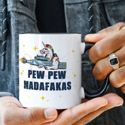 SEO. Bedruckte Tasse mit Spruch Pew Pew Madafakas - Weiß Linkreich