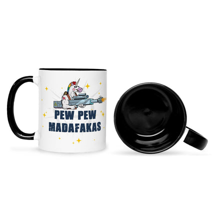 SEO. Bedruckte Tasse mit Spruch Pew Pew Madafakas - Schwarz & Weiß Linkreich