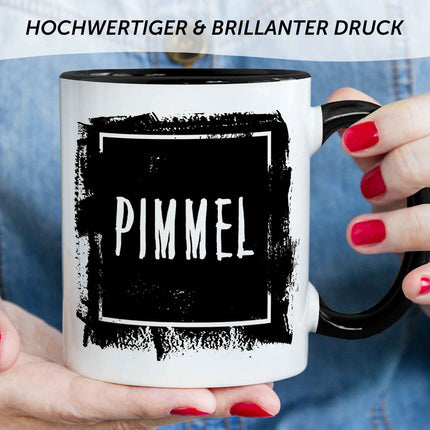 SEO. Bedruckte Tasse mit Spruch - "Pimmel" - Schwarz & Weiß Linkreich