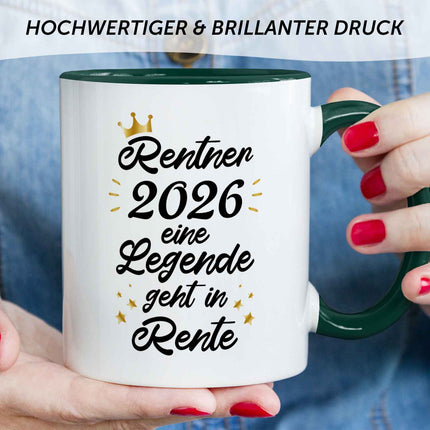 SEO. Bedruckte Tasse mit Spruch Rentner/Rentnerin - Dunkelgrün Linkreich