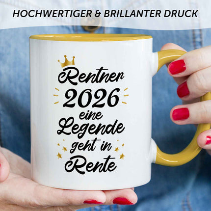 SEO. Bedruckte Tasse mit Spruch Rentner/Rentnerin - Gelb Linkreich