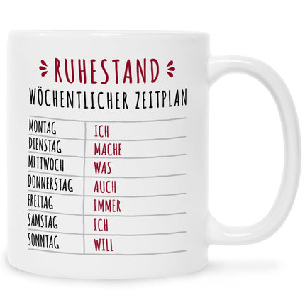 SEO. Bedruckte Tasse mit Spruch Ruhestand Plan - Weiß Linkreich