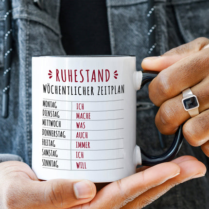 SEO. Bedruckte Tasse mit Spruch Ruhestand Plan - Weiß Linkreich