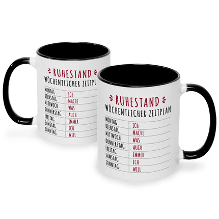 SEO. Bedruckte Tasse mit Spruch Ruhestand Plan - Schwarz & Weiß Linkreich