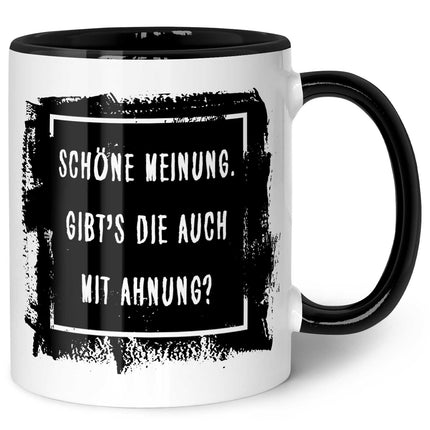 SEO. Bedruckte Tasse mit Spruch - "Schöne Meinung" - Schwarz & Weiß Linkreich