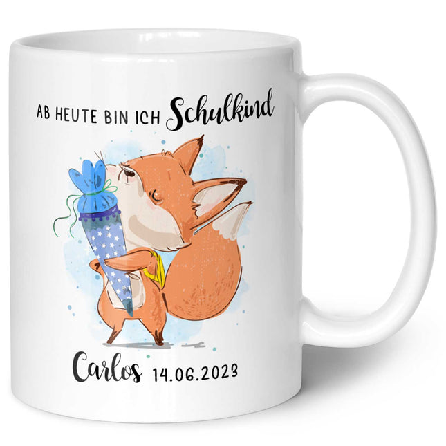 SEO. Bedruckte Tasse mit Spruch "Schulkind" - personalisiert mit Name und Datum - Weiß Linkreich