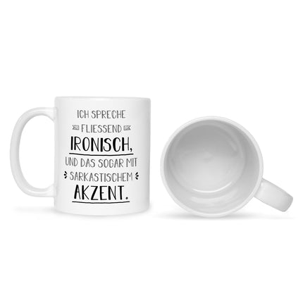 SEO. Bedruckte Tasse mit Spruch Spreche Ironisch - Weiß Linkreich