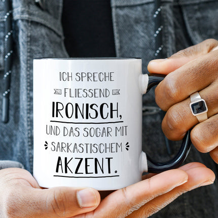 SEO. Bedruckte Tasse mit Spruch Spreche Ironisch - Weiß Linkreich