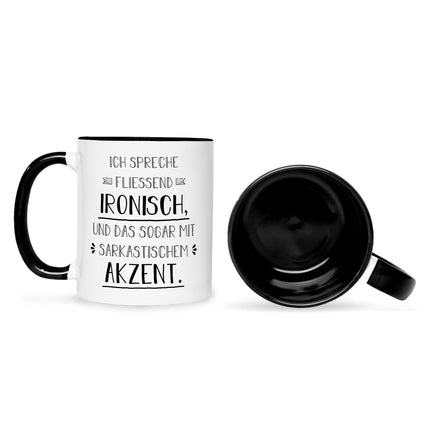 SEO. Bedruckte Tasse mit Spruch Spreche Ironisch - Schwarz & Weiß Linkreich