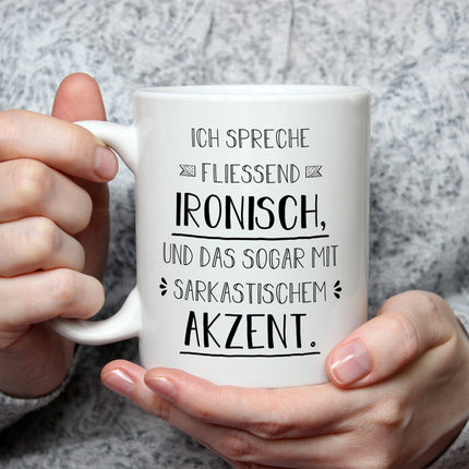 SEO. Bedruckte Tasse mit Spruch Spreche Ironisch - Weiß Linkreich