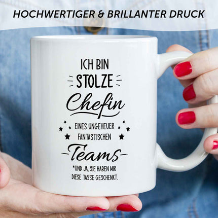 SEO. Bedruckte Tasse mit Spruch Stolze Chefin - Weiß Linkreich