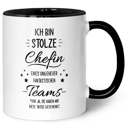 SEO. Bedruckte Tasse mit Spruch Stolze Chefin - Schwarz & Weiß Linkreich
