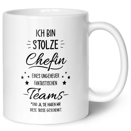 SEO. Bedruckte Tasse mit Spruch Stolze Chefin - Weiß Linkreich