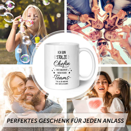 SEO. Bedruckte Tasse mit Spruch Stolze Chefin - Weiß Linkreich